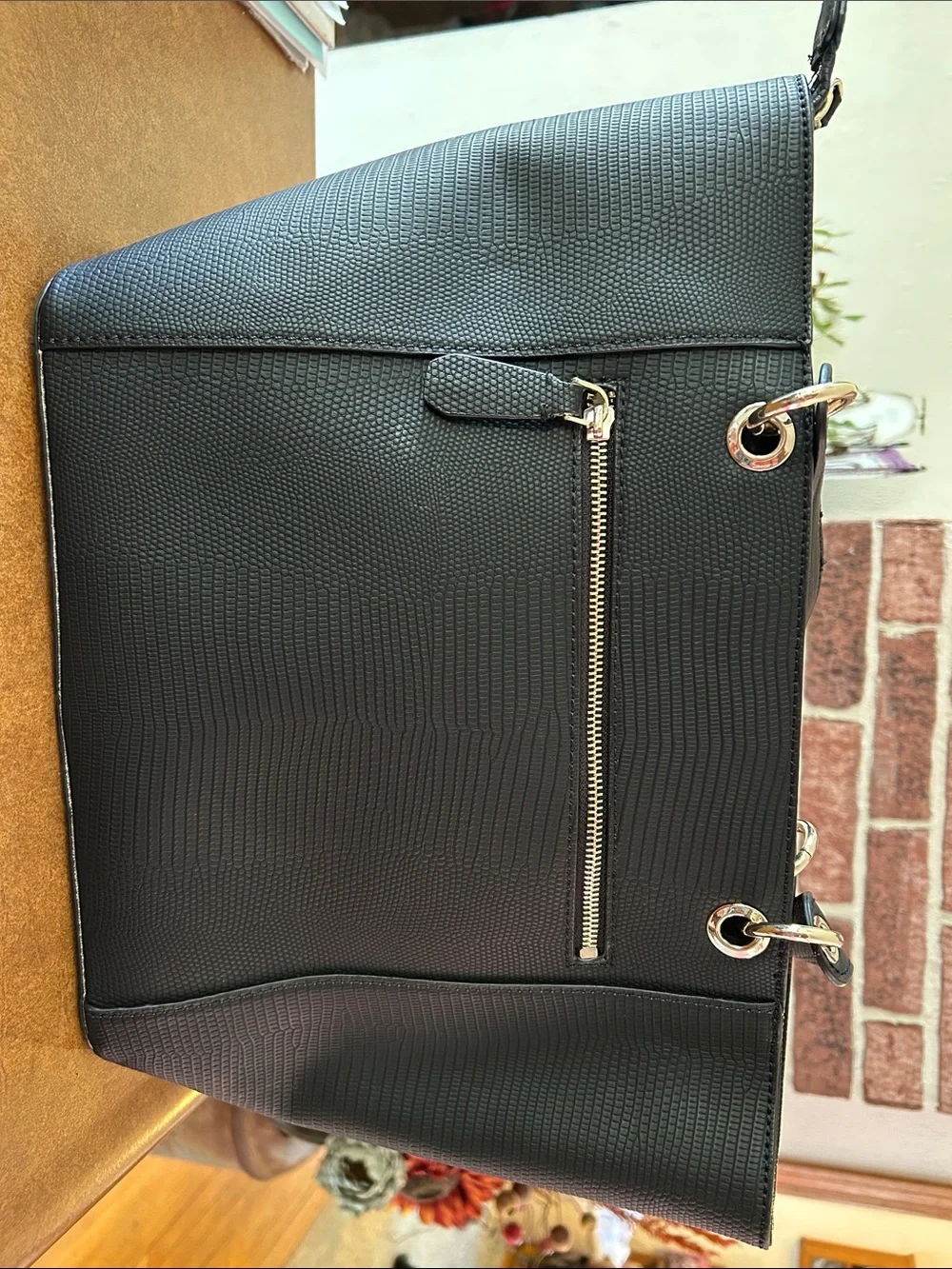 GUESS Black Textured Tote with Gold Hardware